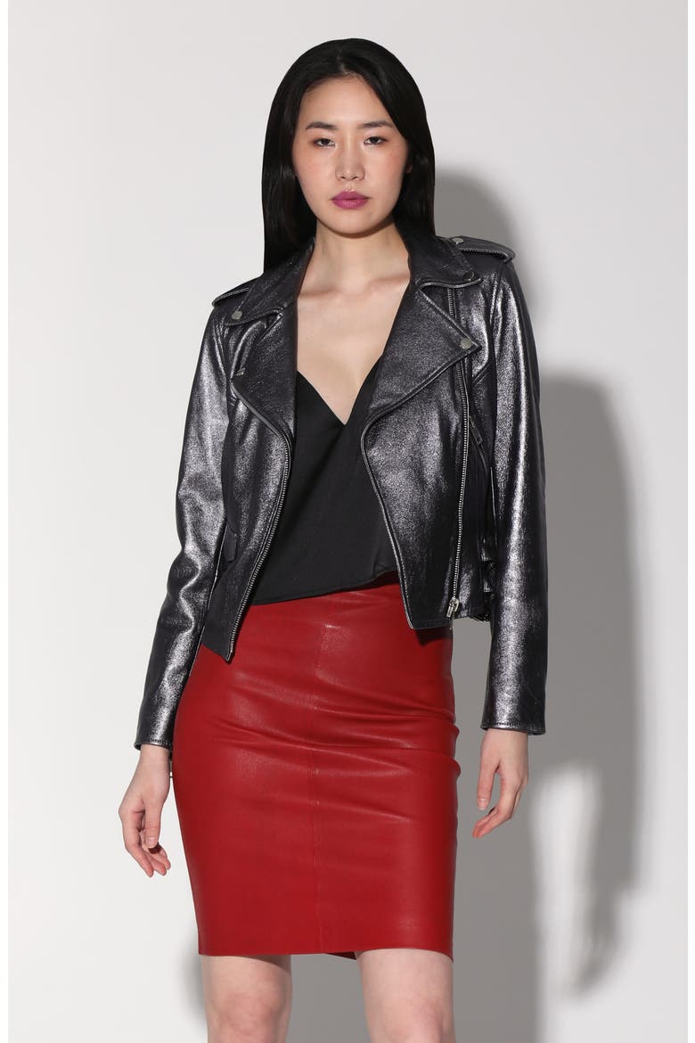 Liz Metallic Leather Crop Moto Jacket, Alternate, color, GUNMETAL LEATHER