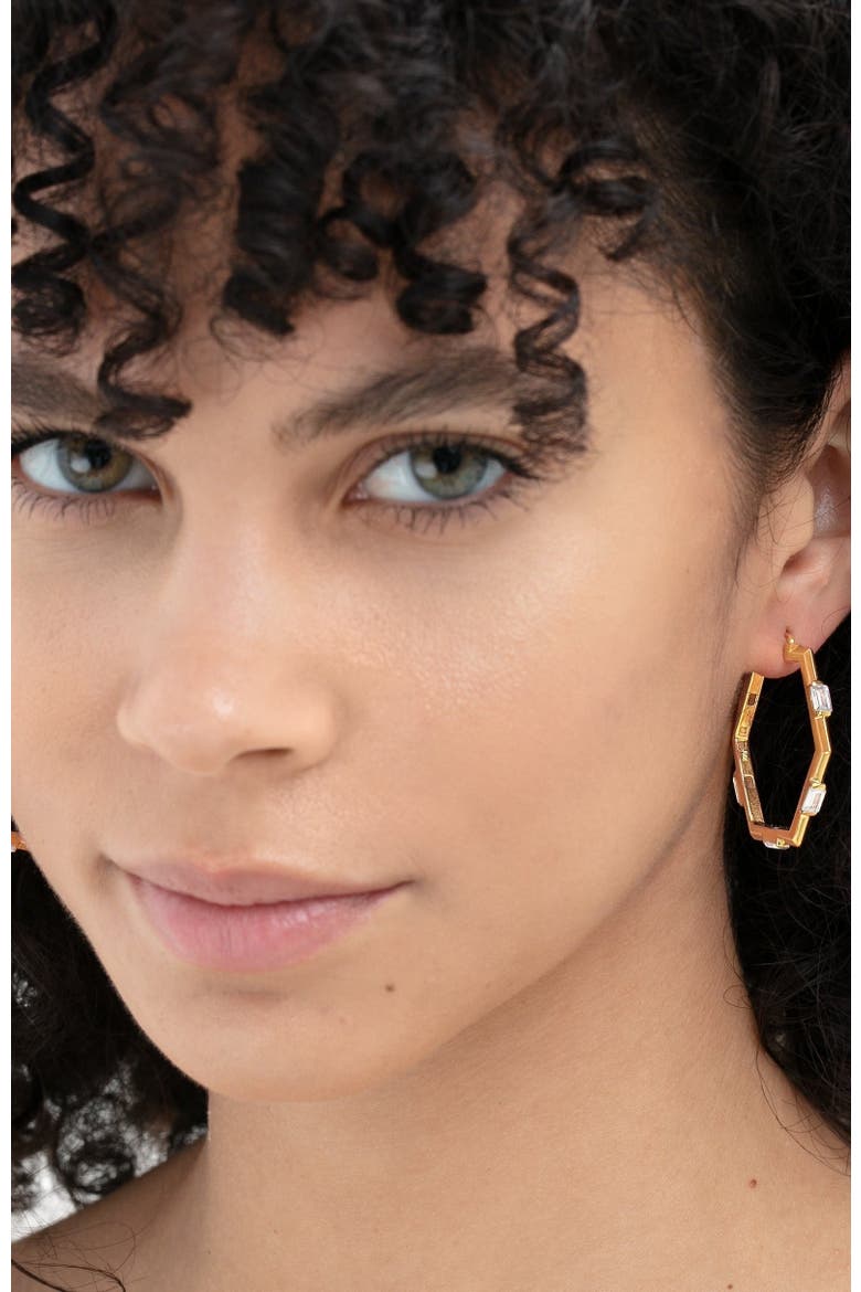 The Claire Hoop M Earrings, Alternate, color, Gold/White  CZ