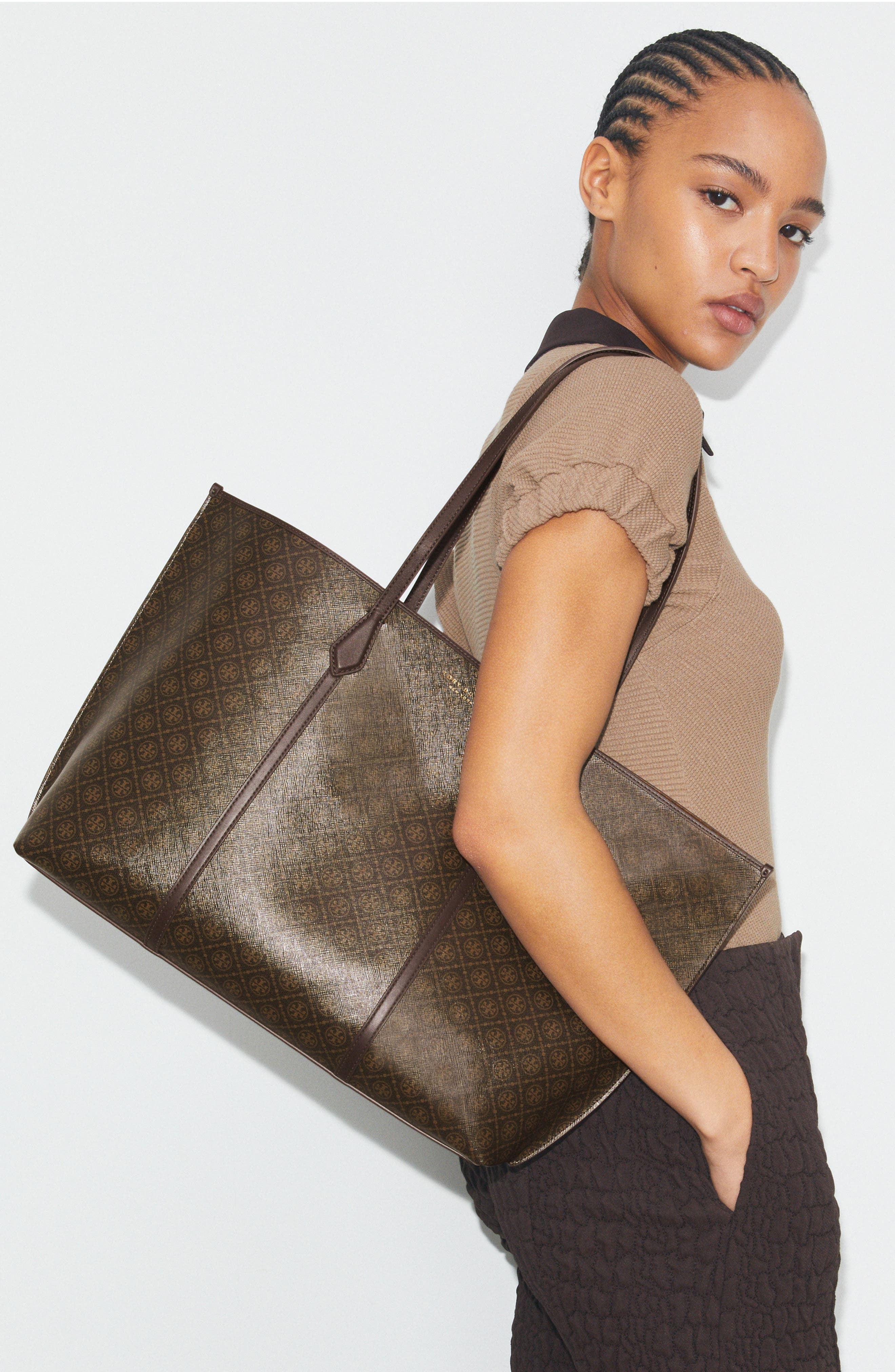 Tory Burch Perry Coated Canvas Tote, Alternate, color, French Press