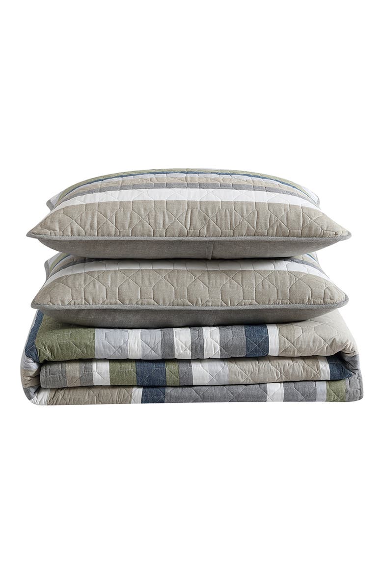 Salmon Ladder Cotton Quilt 3-Piece Set, Main, color, KHAKI/ NAVY