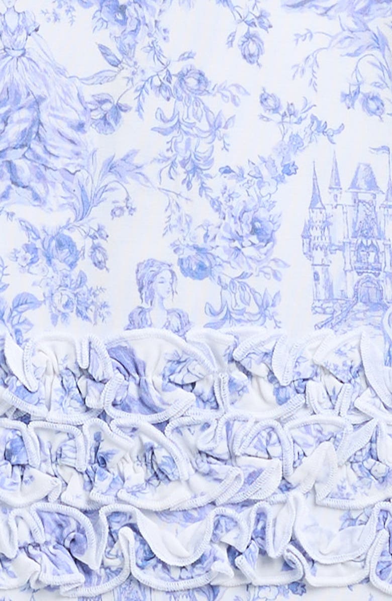 Posh Peanut Floral Toile Print Ruffle Zip Footie, Alternate, color, White