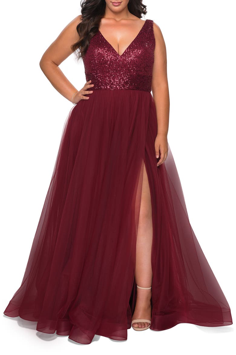 Curvy A-line Gown with Sequin Bodice and Tulle Skirt, Main, color, WINE