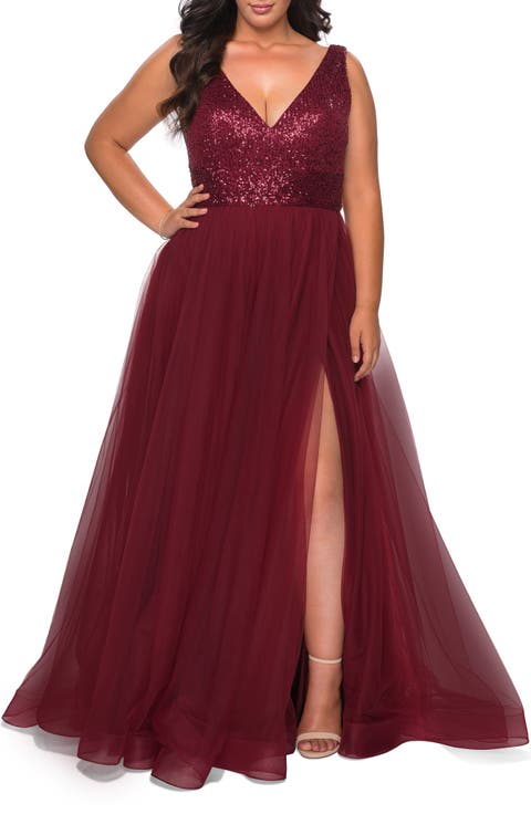 Curvy A-line Gown with Sequin Bodice and Tulle Skirt