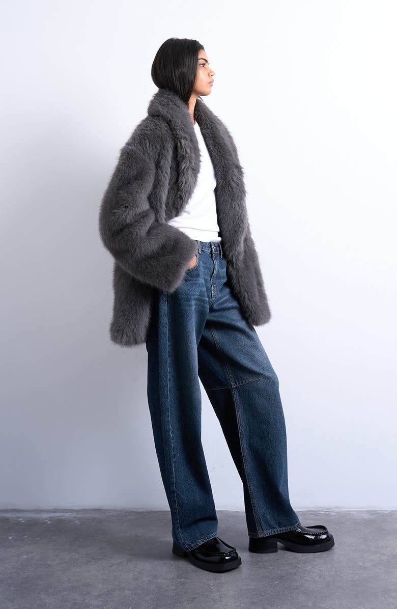 Topshop Faux Fur Midi Coat, Alternate, color, Charcoal