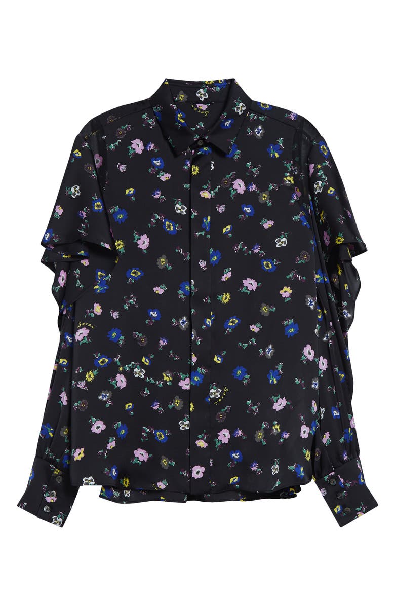 Sacai Floral Print Ruffle Button-Up Shirt, Alternate, color, Black