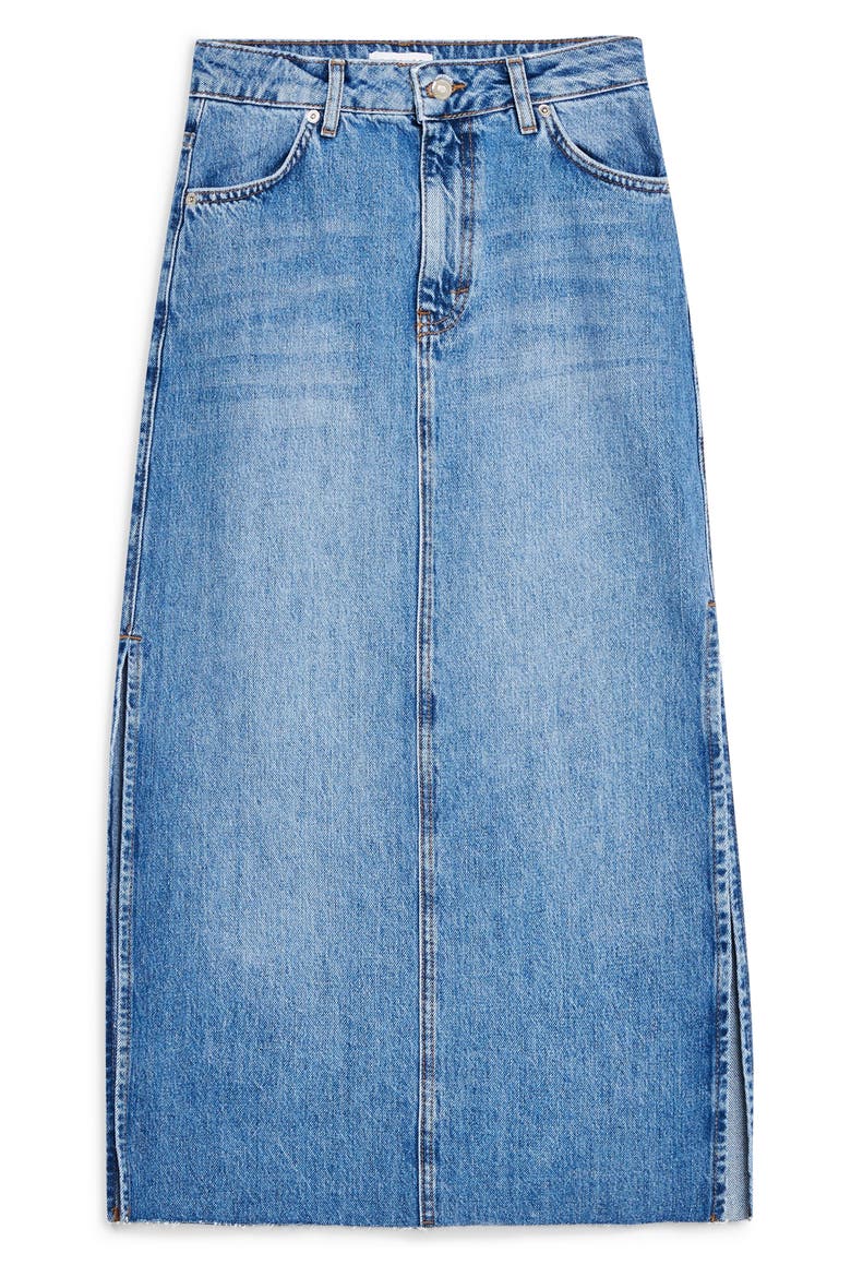Split Denim Midi Skirt, Alternate, color, MID DENIM