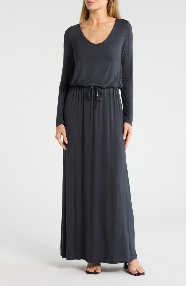 GO COUTURE Long Sleeve Tie Waist Maxi Dress, Main, color, Heather Grey
