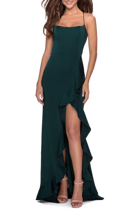 Ruffle Prom Dress with Scoop Neck and Lace Up Back