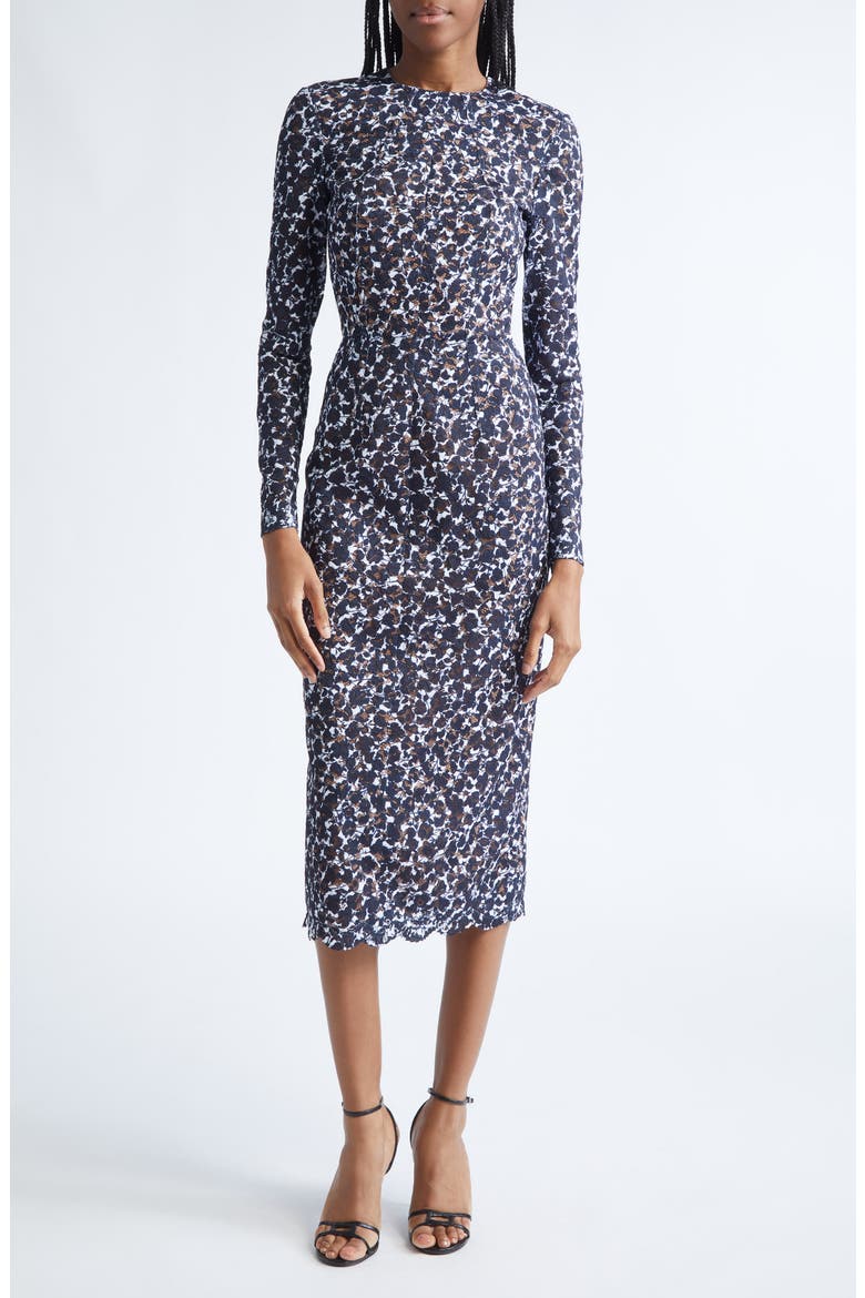 Shadow Floral Lace Long Sleeve Sheath Dress, Main, color, MIDNIGHT/ OPTIC WHITE