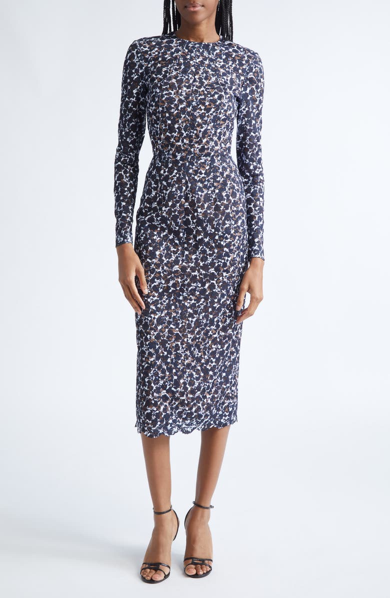 Michael Kors Collection Shadow Floral Lace Long Sleeve Sheath Dress, Main, color, Midnight/ Optic White