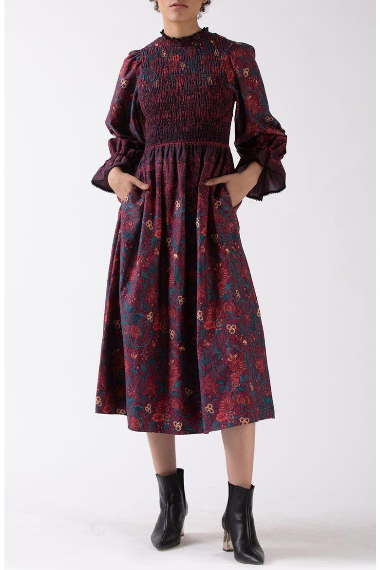 smocked long sleeve midi dress Smocked Tiered Midi Dress With Puff Sleeves Brown / L