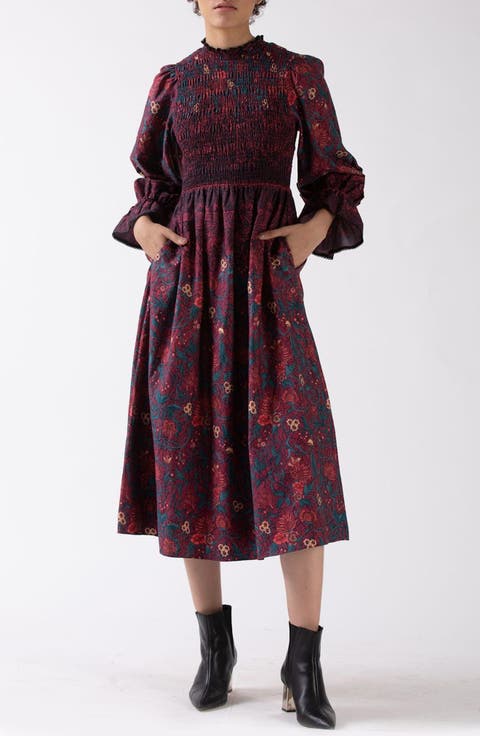 Aurnia Smocked Long Sleeve Midi Dress
