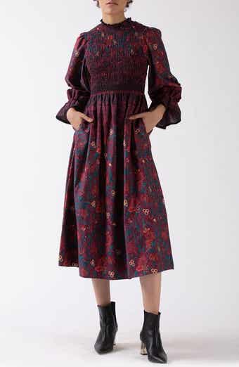 Celina Moon Aurnia Smocked Long Sleeve Midi Dress
