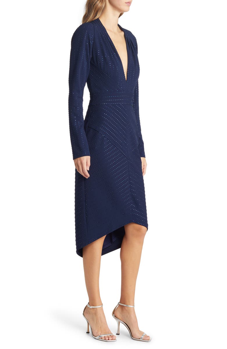 Tadashi Shoji Sequin Stud Plunge Neck Long Sleeve Midi Dress, Alternate, color, 