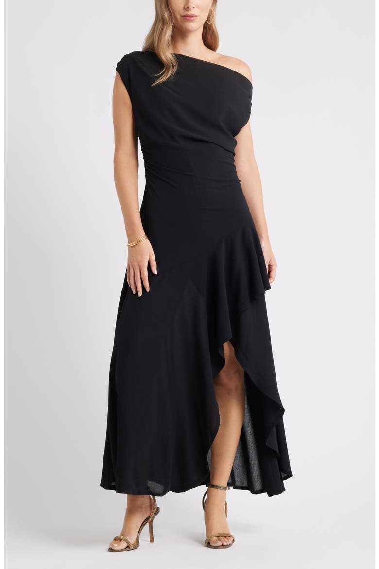 Cascading Off the Shoulder Evening Dress, Main, color, BLACK