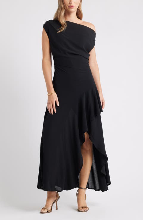 Cascading Off the Shoulder Evening Dress