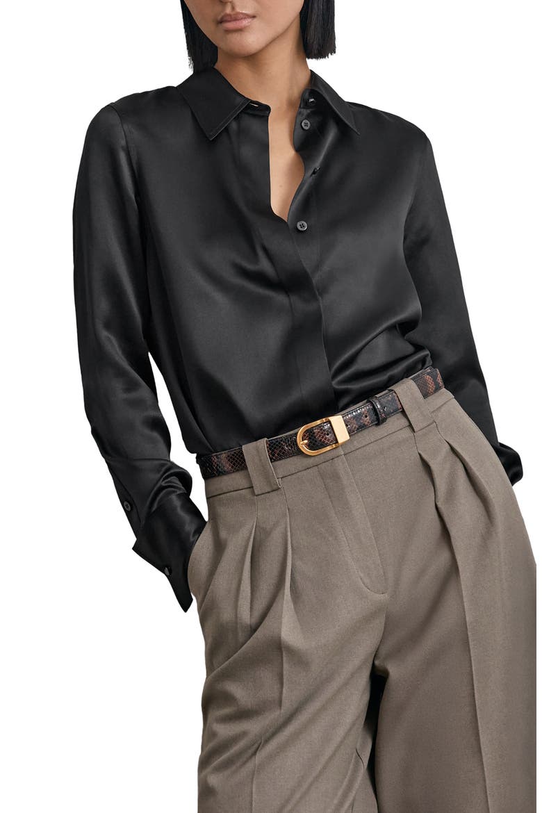 Ameira Silk Button-Up Shirt, Alternate, color, BLACK