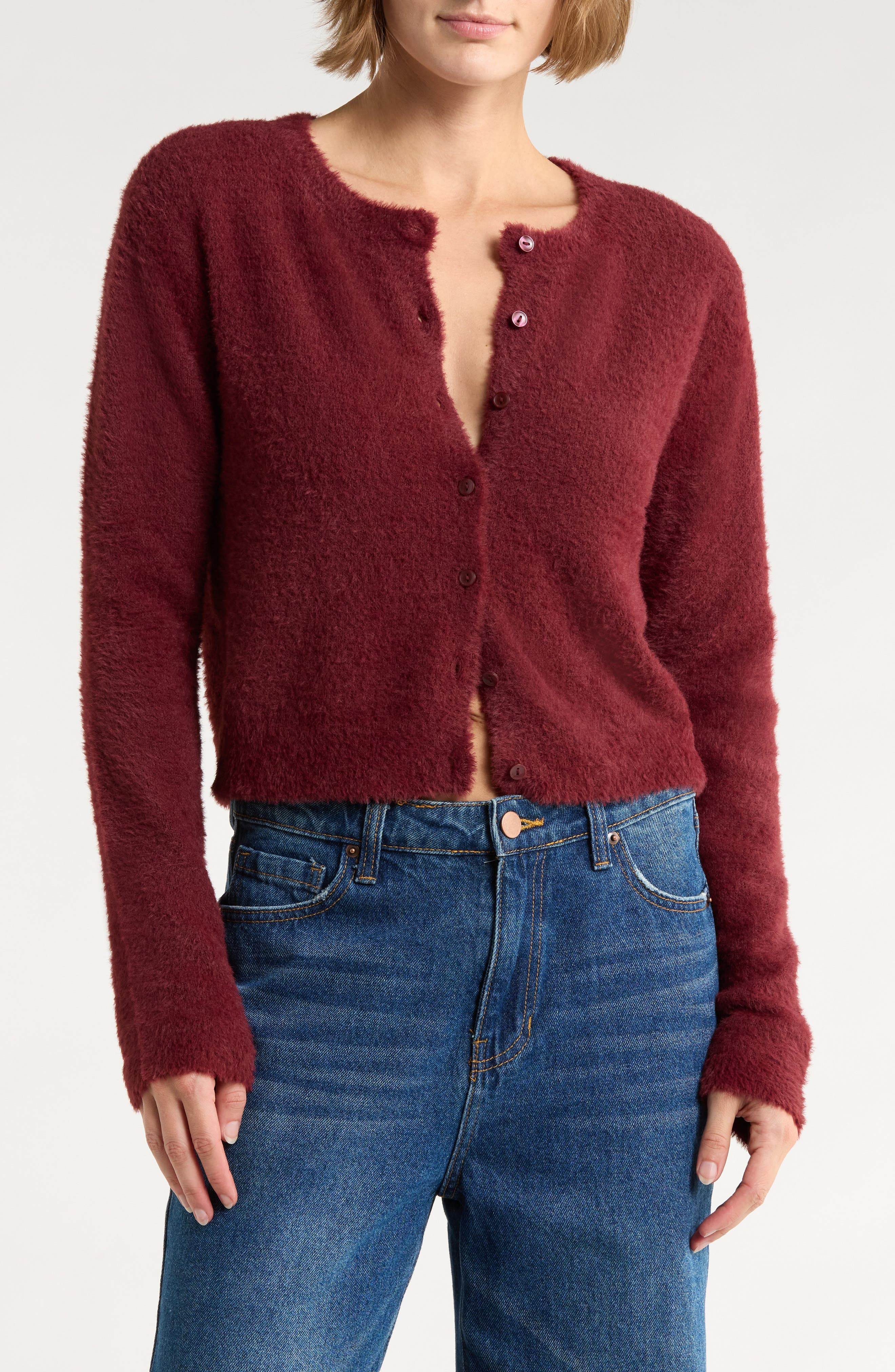 Abound Eyelash Knit Cardigan In Burgundy