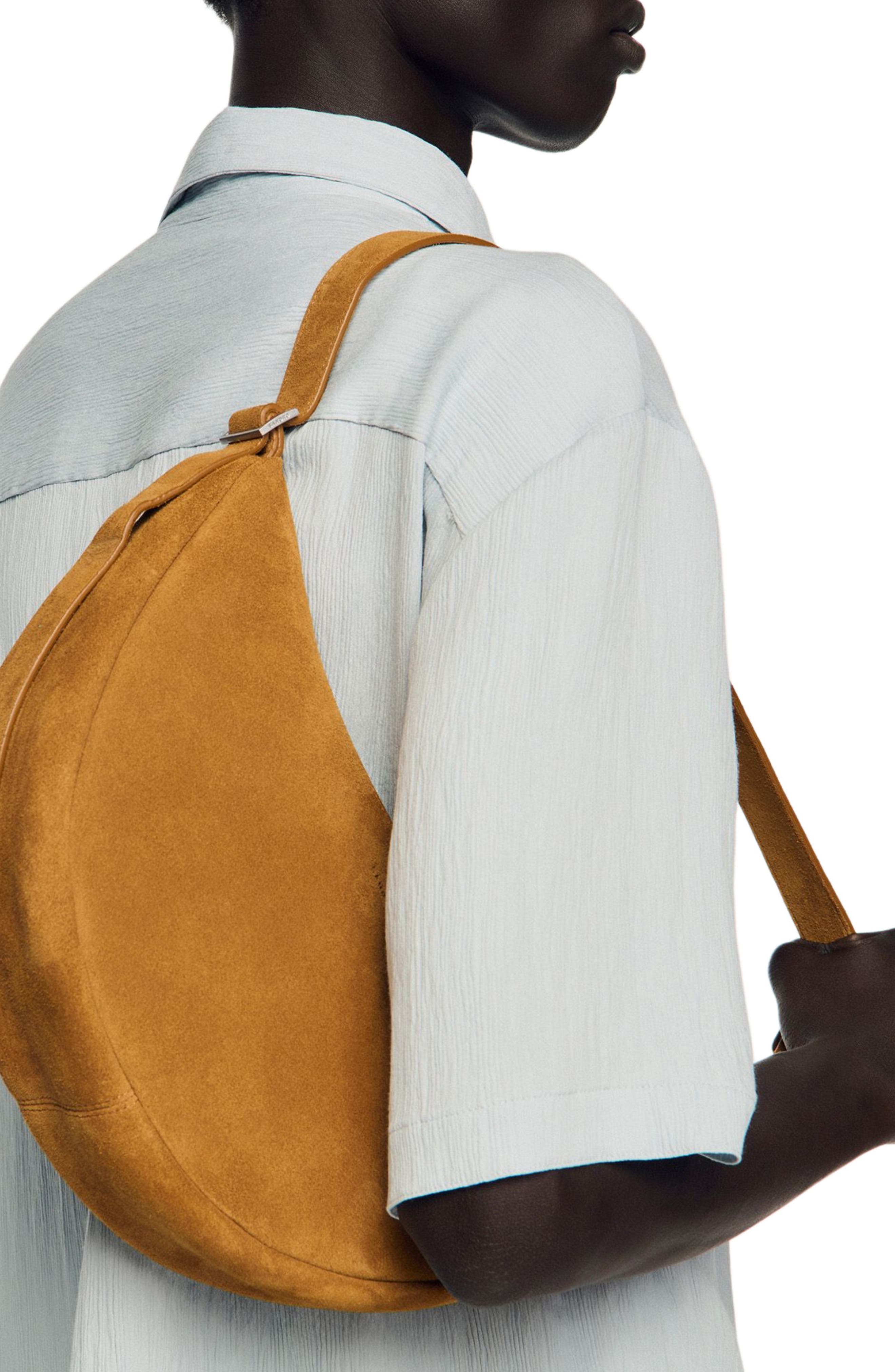 SANDRO Small zipped split leather hobo, Alternate, color, Cognac