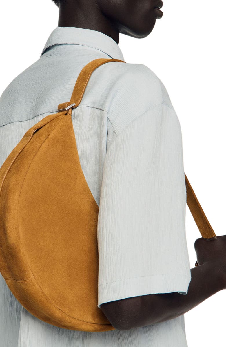 SANDRO Small zipped split leather hobo, Alternate, color, Cognac