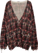 R13 Oversize Distressed Plaid Linen Blend Cardigan