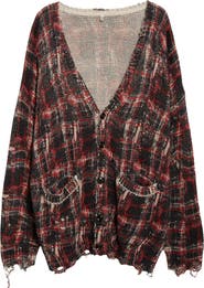 R13 Oversize Distressed Plaid Linen Blend Cardigan