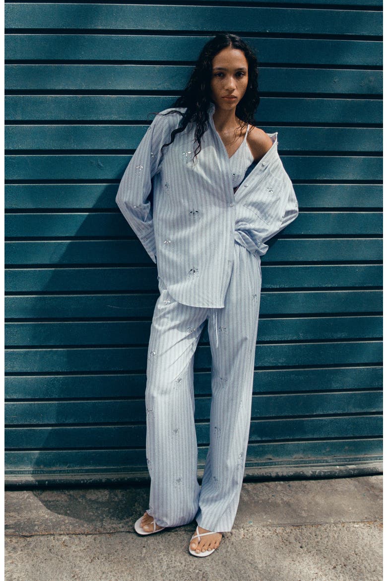 Crystal Embellished Stripe Button-Up Shirt, Alternate, color, SKY BLUE