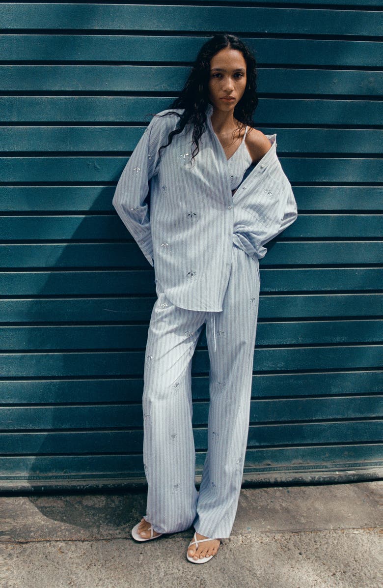 MANGO Crystal Embellished Stripe Button-Up Shirt, Alternate, color, Sky Blue