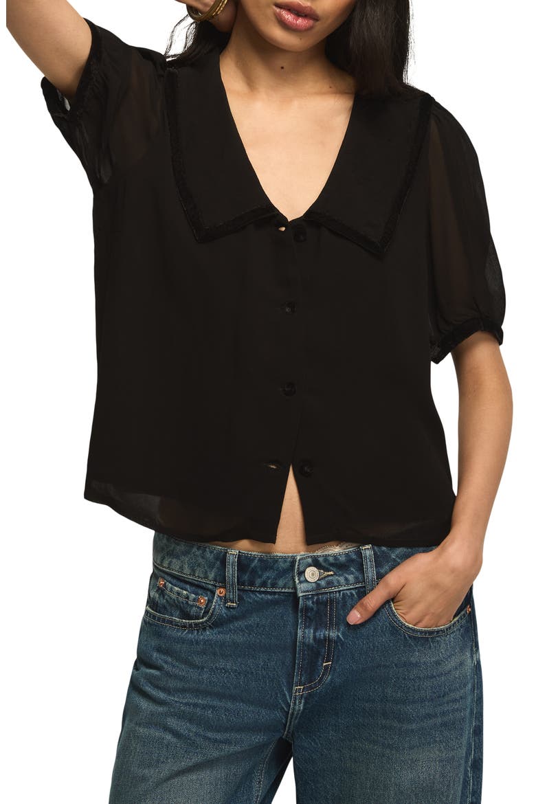 Velvet Trim Peter Pan Collar Blouse, Main, color, CAVIAR