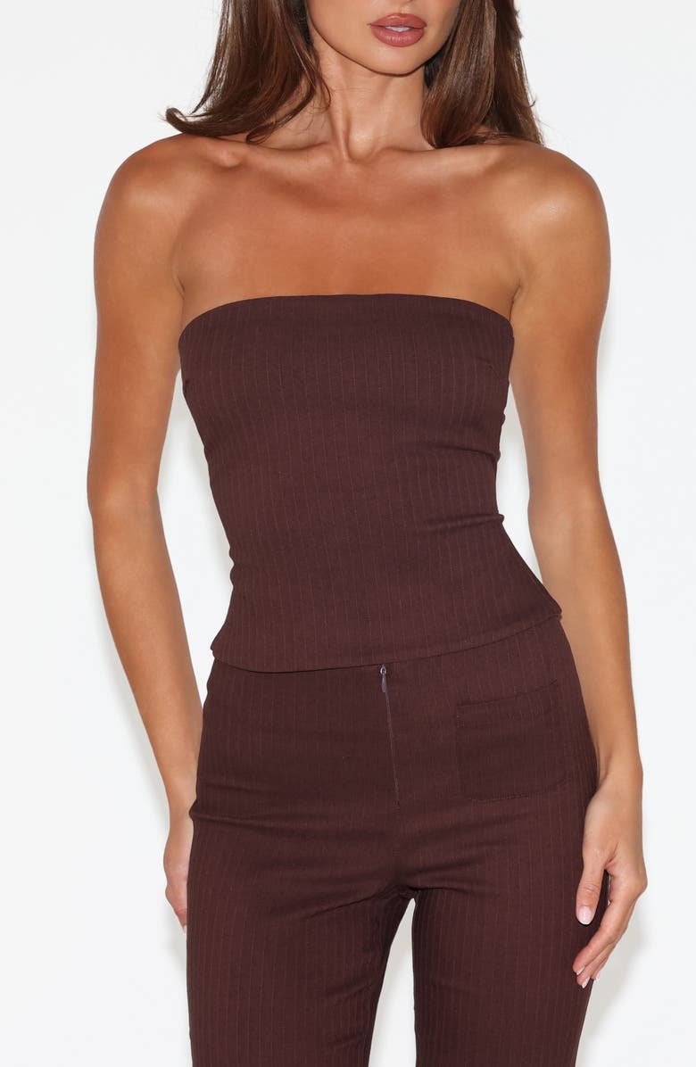 Tiger Mist Gwendolyn Pinstripe Lace-Up Strapless Top, Main, color, Chocolate