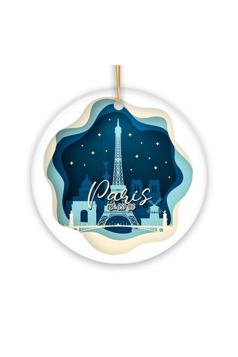 Paris At Night Eiffel Tower Paper Art Ceramic Ornament