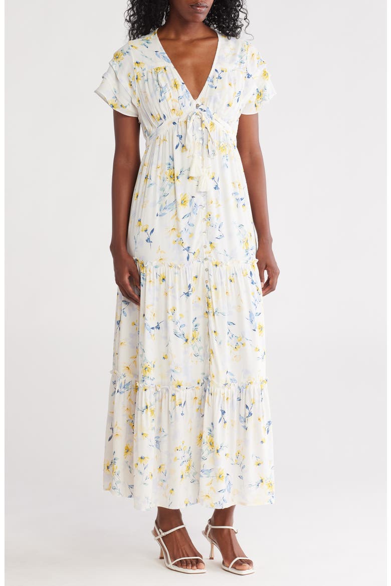 Floral Flutter Sleeve Button Front Tiered Maxi Dress, Main, color, CREAM/ YELLOW