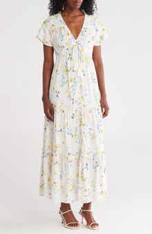 Lovestitch Floral Flutter Sleeve Button Front Tiered Maxi Dress