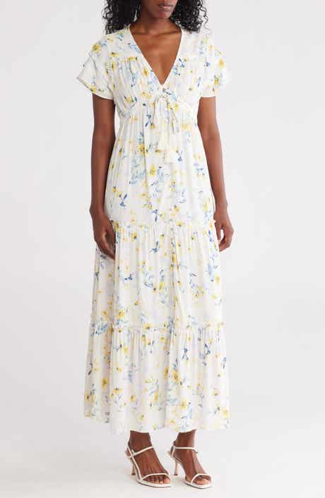 Lovestitch Floral Flutter Sleeve Button Front Tiered Maxi Dress