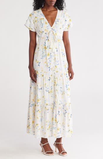 LOVESTITCH LOVESTITCH FLORAL FLUTTER SLEEVE BUTTON FRONT TIERED MAXI DRESS