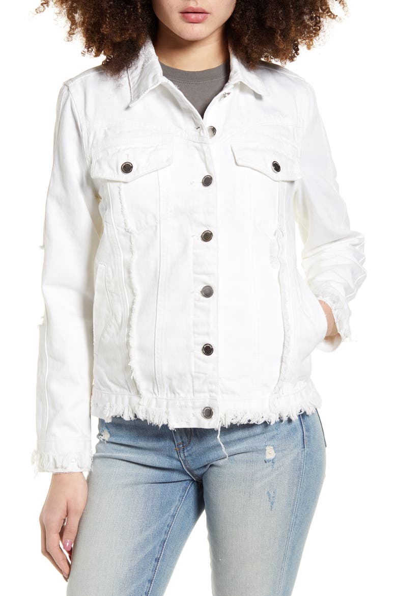 Fray Hem Denim Trucker Jacket, Alternate, color, HEAD IN THE CLOUDS