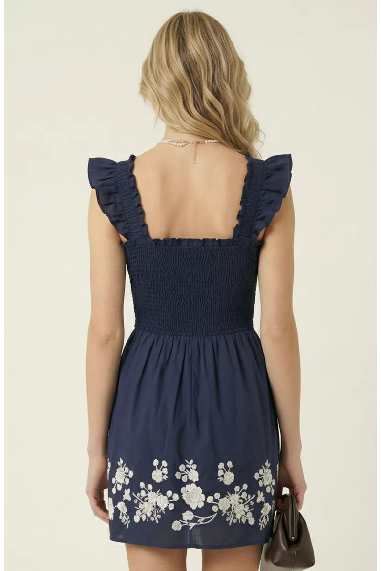 Smocked Ruffle Strap Mini Dress with Floral Embroidery Hem, Alternate, color, Blue