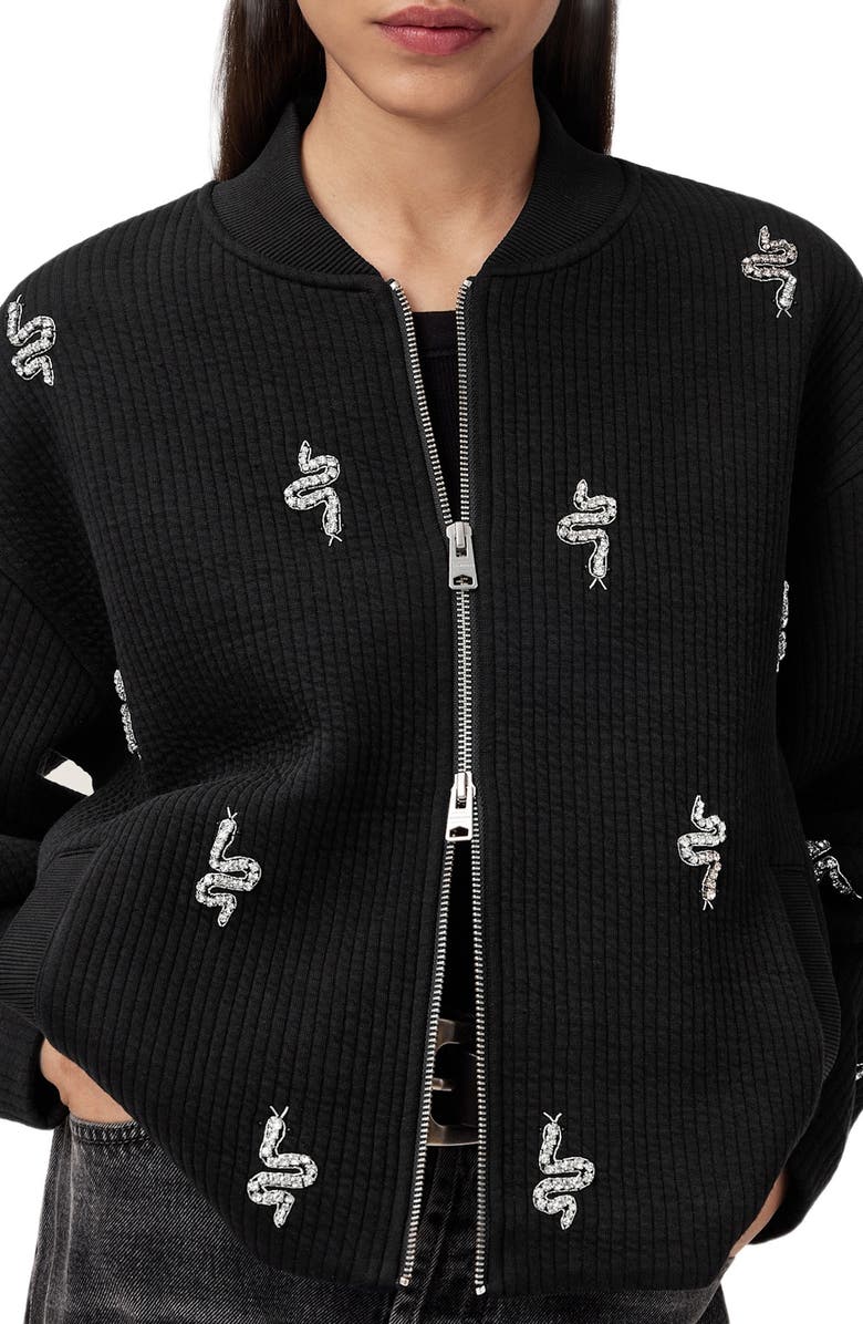 AllSaints Rhea Rhinestone Snake Detail Ribbed Cotton Bomber Jacket, Alternate, color, Black