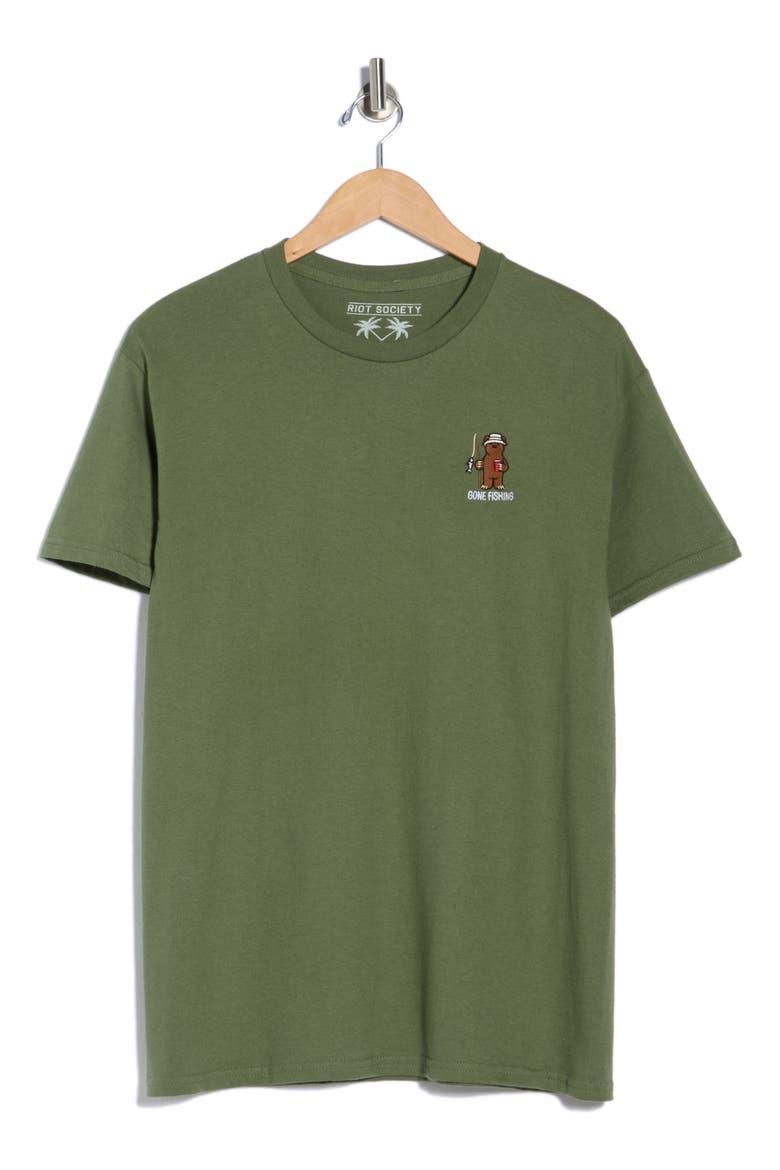 Gone Fishing Embroidered Bear T-Shirt, Alternate, color, GREEN