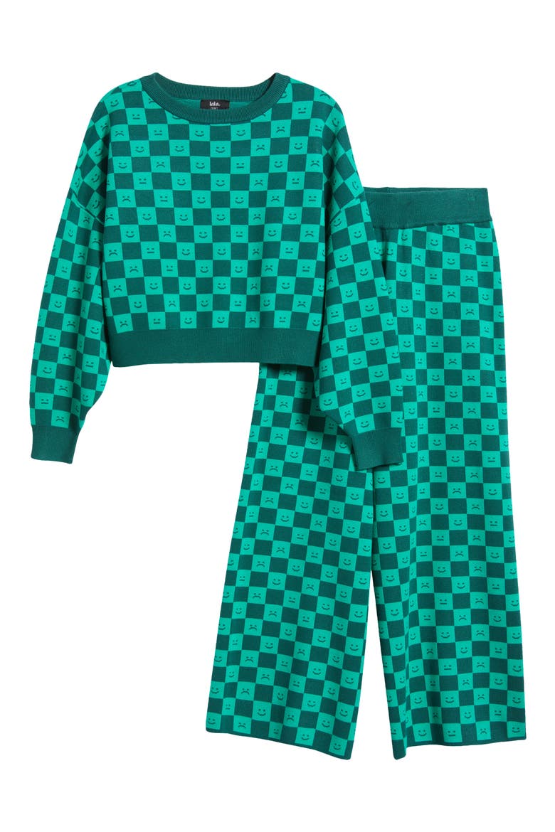 Lots of Feelings Checkerboard Knit Sweater & Wide Leg Pants Set, Alternate, color, GREEN CHECK