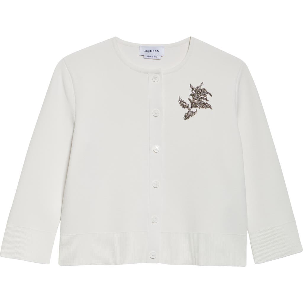 Alexander Mcqueen Mcqueen Banshee Embroidery Crop Cardigan In Optic White/crystal