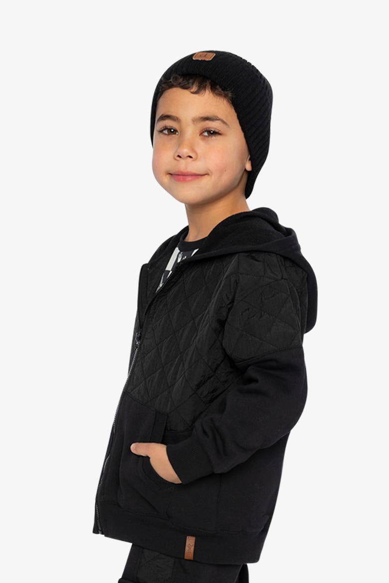 Full Zip Hooded Quilted Chest Panel Cardigan, Alternate, color, Black