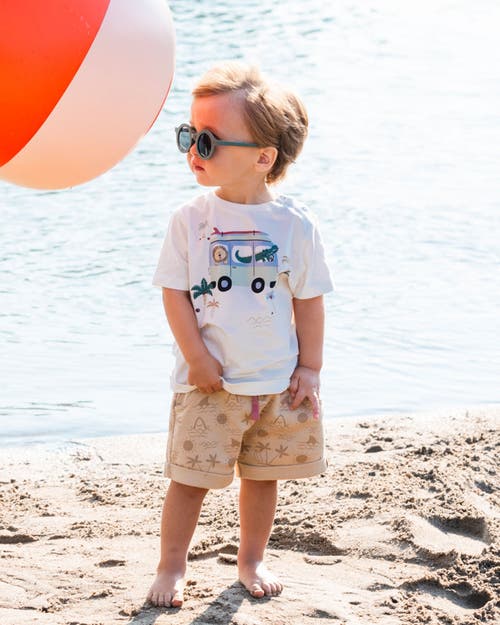 DEUX PAR DEUX DEUX PAR DEUX LITTLE BOY'S SHORT SLEEVE TOP AND FRENCH TERRY SHORT SET BEIGE WITH PALM TREES AND BLU 