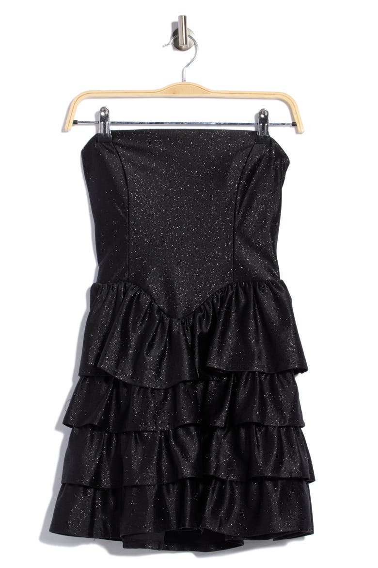 Strapless Glitter Tiered Minidress, Alternate, color, BLACK