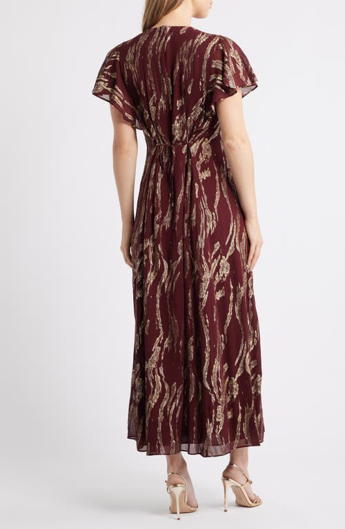 Parker The Rose Metallic Flutter Sleeve Maxi Dress In Burgundy
