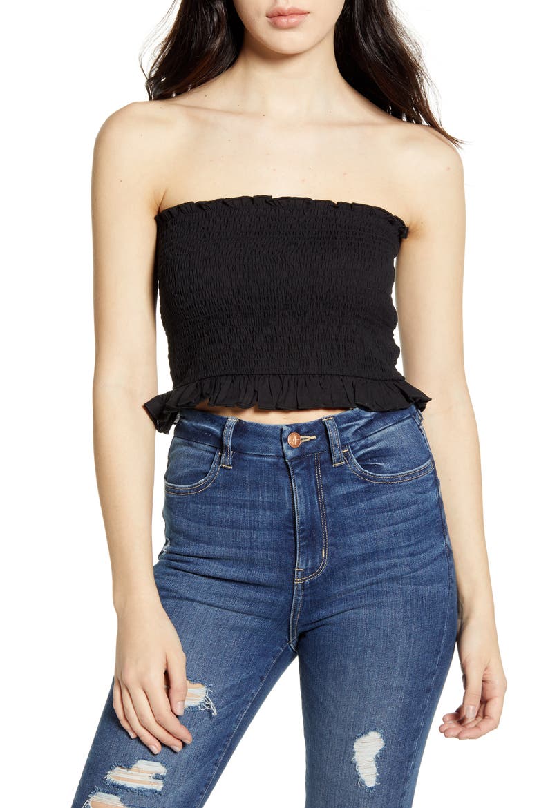 Sunny Smocked Bandeau Top, Main, color, BLACK