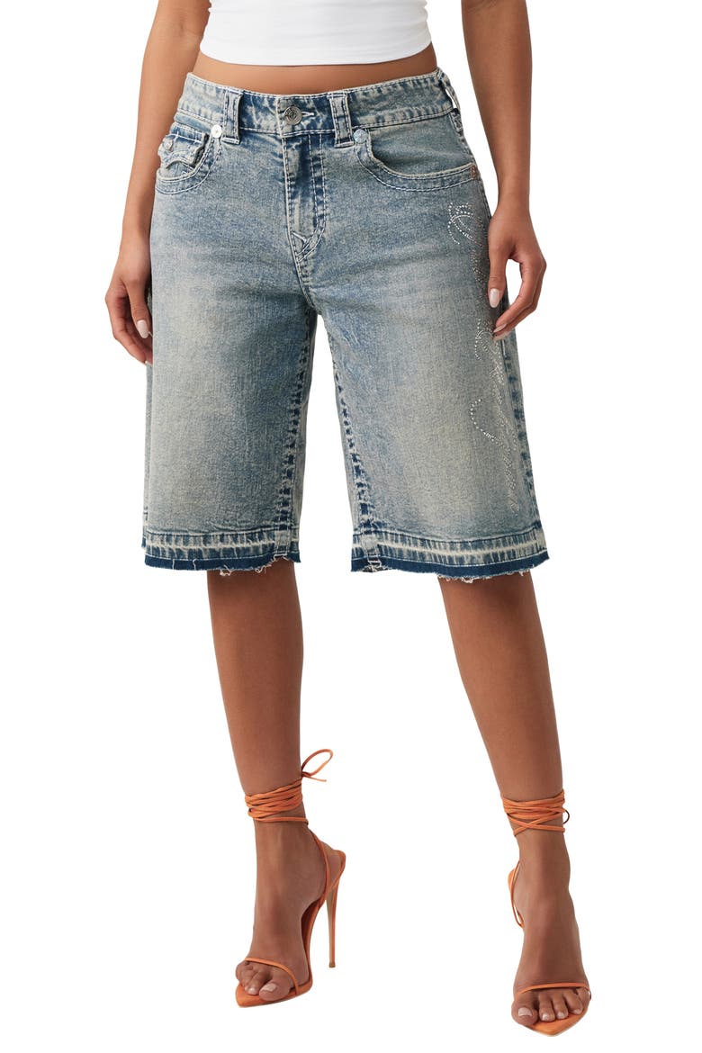 Jessie Crystal Baggy Longline Jeans Shorts, Main, color, LAZY SHINE