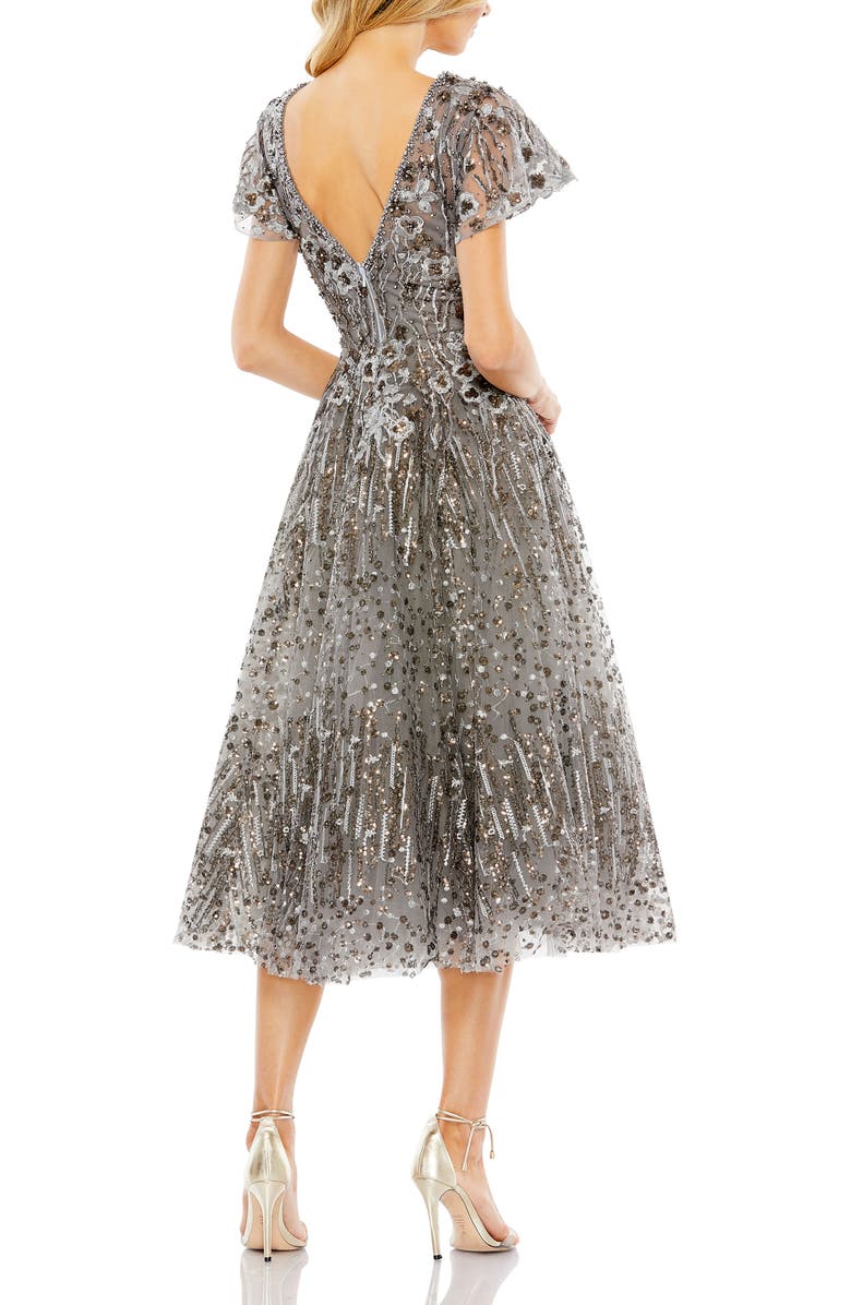 Mac Duggal Embellished Butterfly Fit and Flare Tea-Length Dress, Alternate, color, Gunmetal