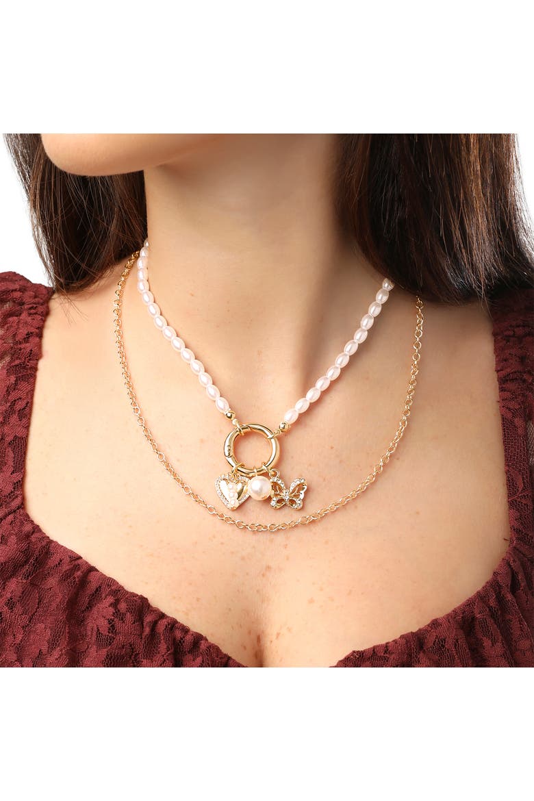 Gold and Pearl Necklace Set for Women 2-Piece, Dangle Charms, Alternate, color, Gold-Tone