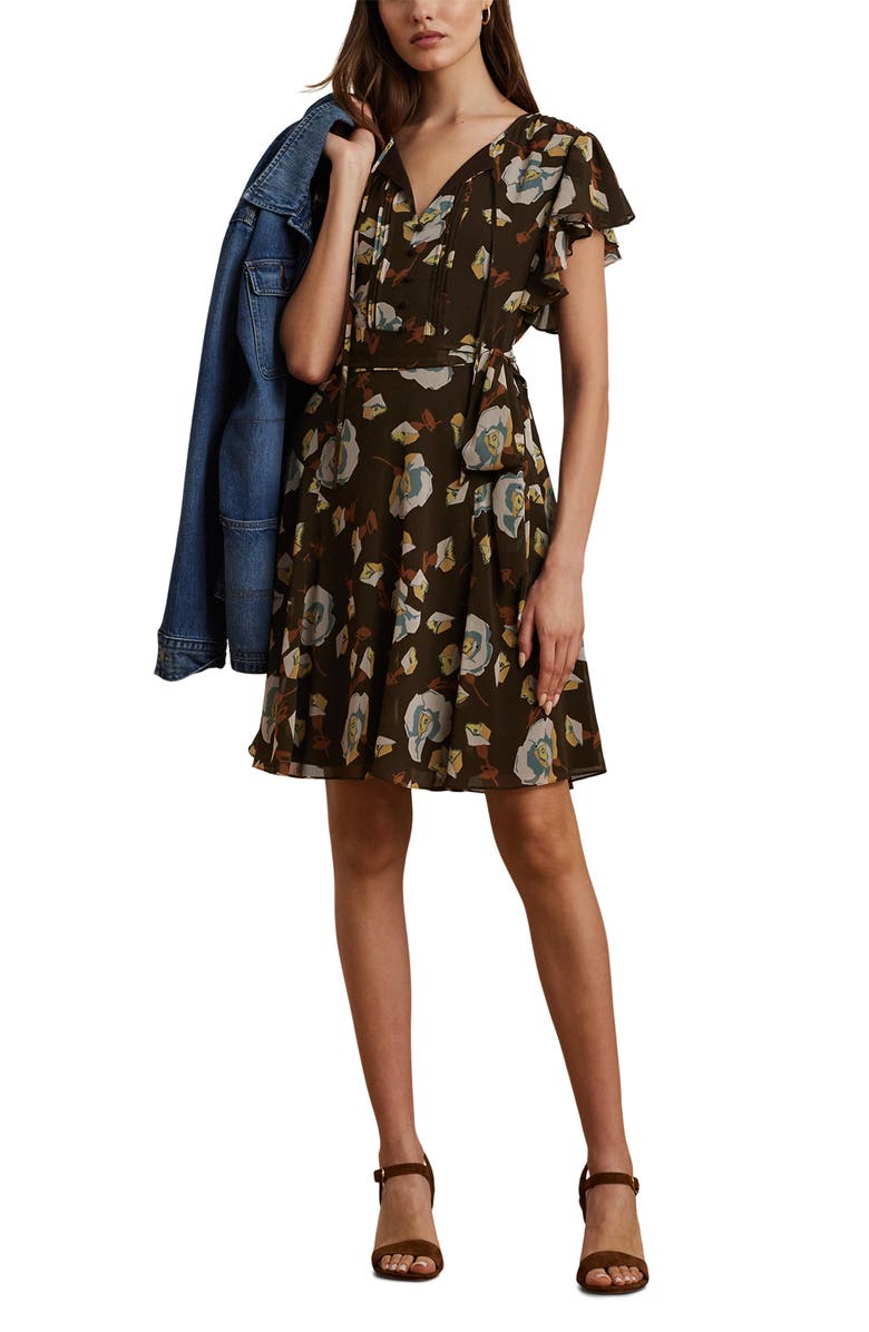 Polo Ralph Lauren Georgette Floral Print Short Sleeve Minidress, Main, color, Brown Multi